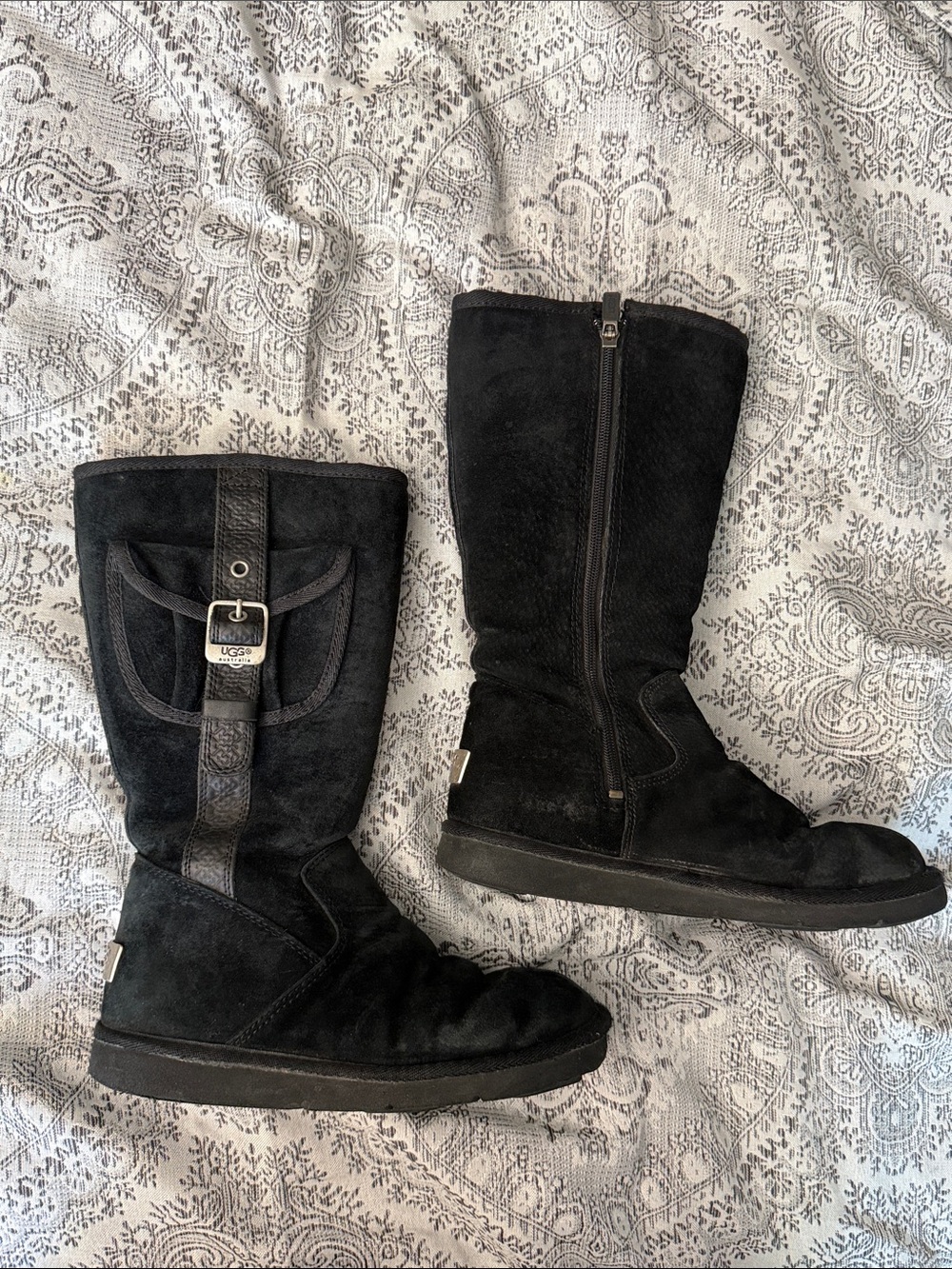 UGG Black Suede Tall Zip & Buckle Boots w/Genuine Shearling lining - Size 7